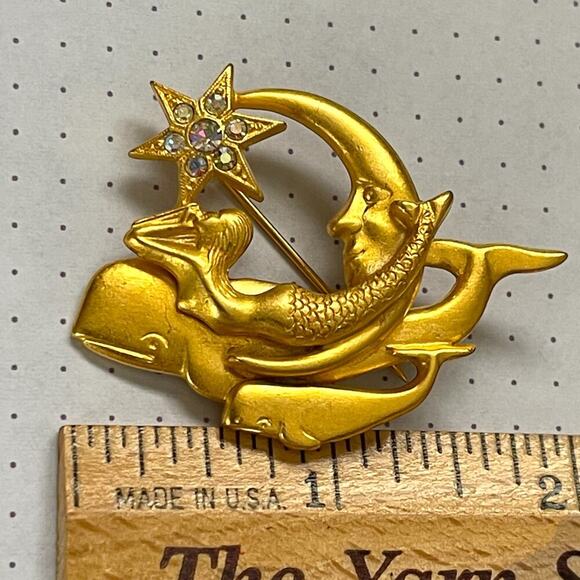 Kirks Folly Mermaid Whale Brooch Pin Star AB Crystals Gold Pin - Picture 4 of 6